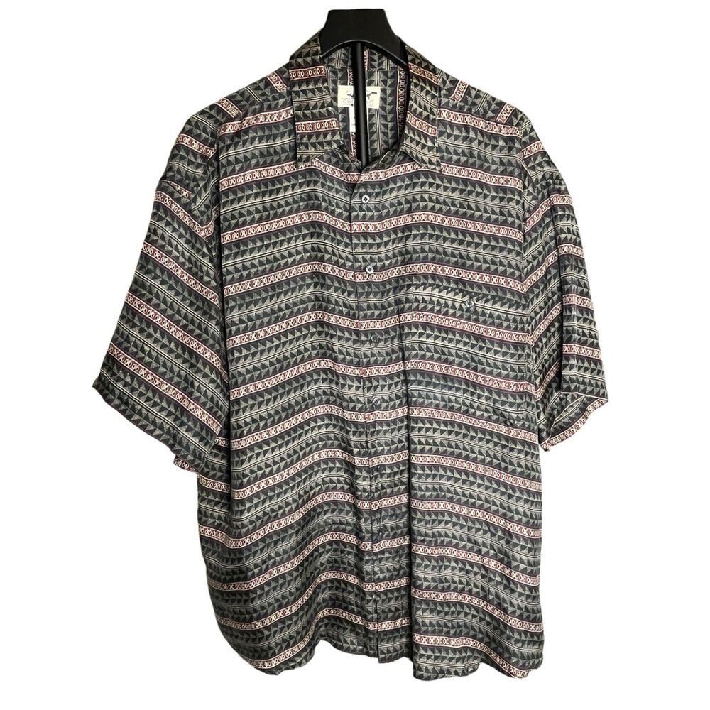 Chiamare Silk Shirt Mens L Geometric Tribal Camp Hawaiian Button Front Pocket
